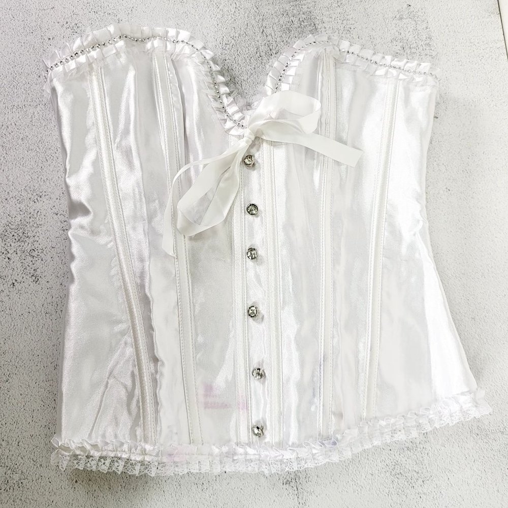 NEW ADORE ME White Satin Bridal Corset MEDIUM Ruffle Rhinestone Bow Sparkle Sexy